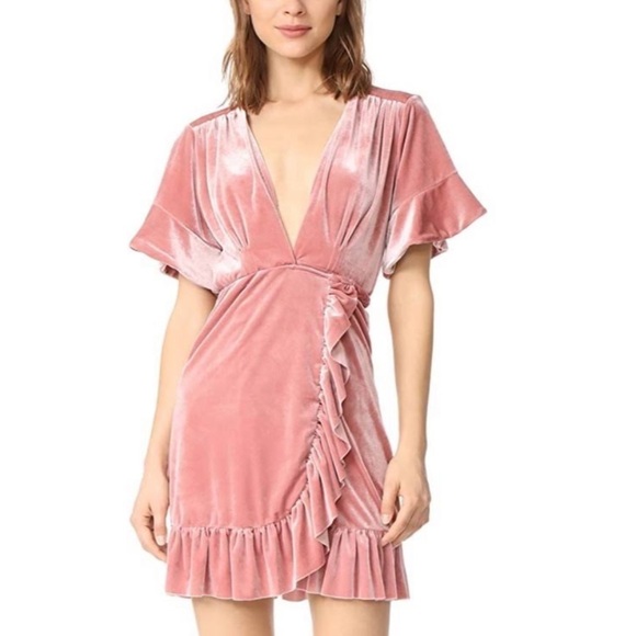 Misa- “Desma” Light Pink Velvet Ruffle Mini Dress with Braided Waist Tie - Picture 3 of 7